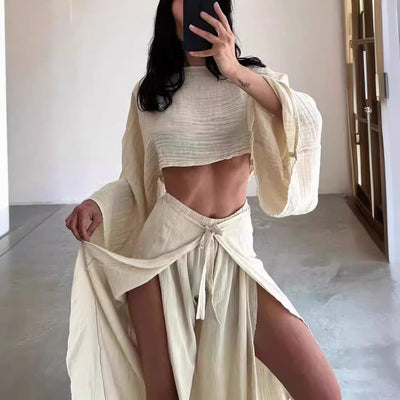 Women’s Two-Piece Set – Linen Blend – Cropped Top – Wide-Leg Trousers – Relaxed Fit