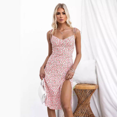 Women’s Midi Dress – Slim Fit – V-Neck – Spaghetti Straps – Floral Print – Side Slit