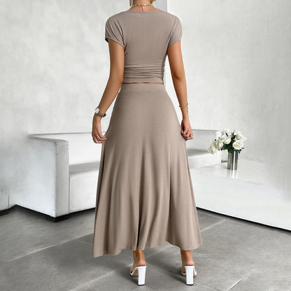 Women’s Dress Set – Slim Fit Crop Top – Ruched Waist – Full-Length Flowing Skirt