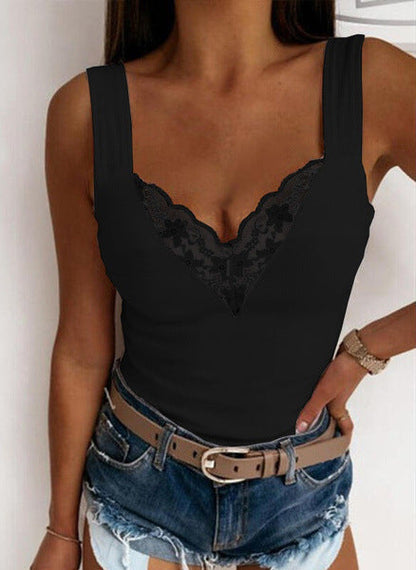 Women's Sleeveless Top - Lace V-Neck - Fitted Lightweight Casual Wear