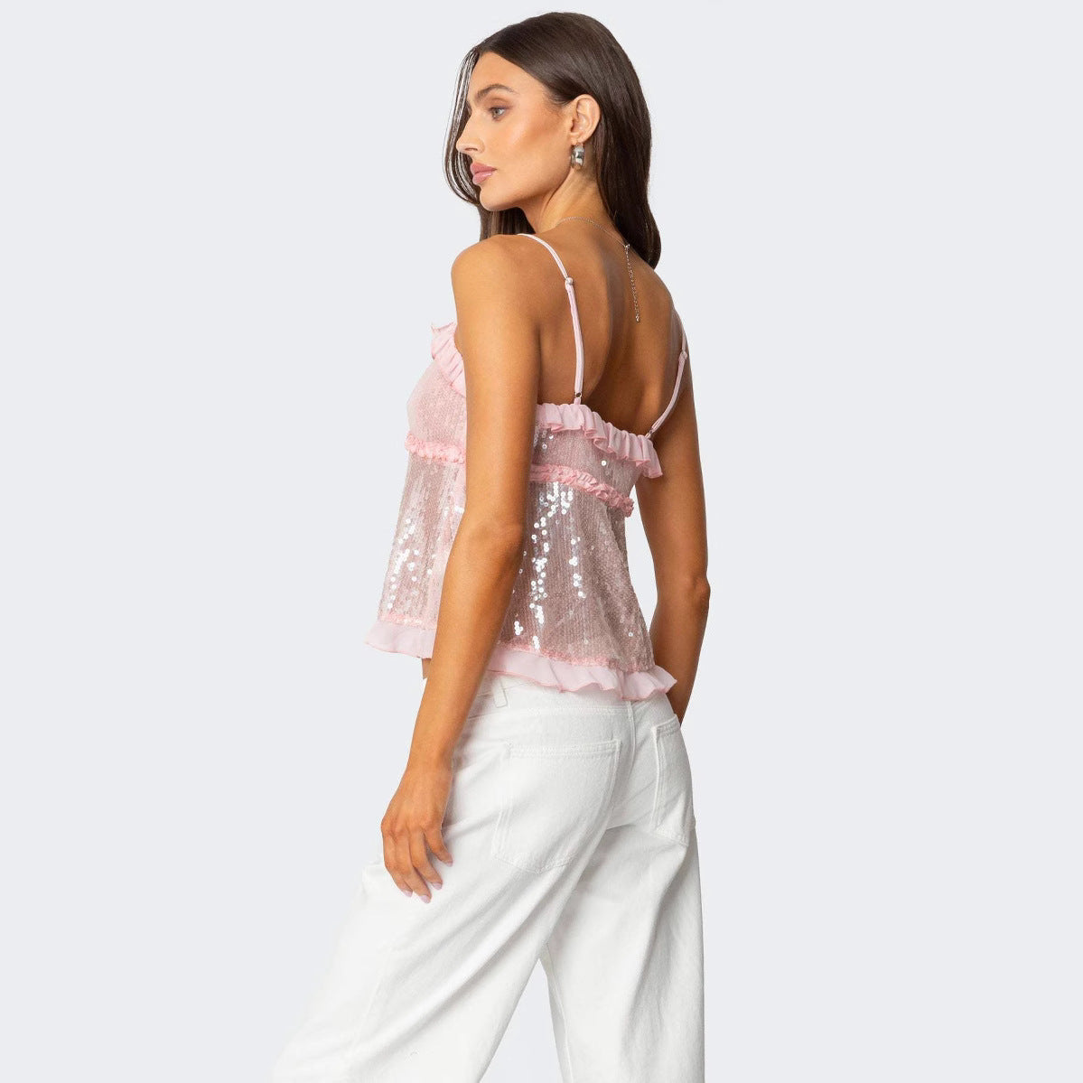 Women’s Halter Crop Top – Sequin Embellished – Fitted Silhouette – Ruffle Trim Bow