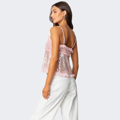 Women’s Halter Crop Top – Sequin Embellished – Fitted Silhouette – Ruffle Trim Bow