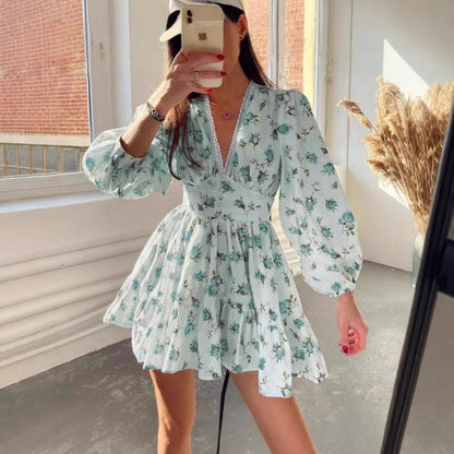 Women’s A-Line Dress – V-Neck Lace Trim – Long Puff Sleeve – Floral Mini