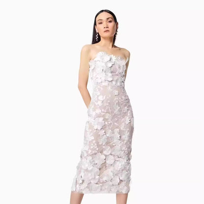 Women’s Strapless Dress – Slim Fit – 3D Floral Appliqué – Sheer Tulle – Midi Length