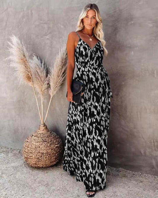 Women’s Long Dress – Slim Fit Bodice – A-Line – V-Neck – Spaghetti Straps – Printed