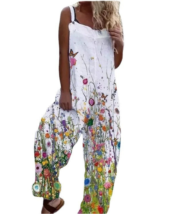 Women’s Jumpsuit – Artistic Floral Pattern – Relaxed Fit – Wide Leg – Adjustable Straps