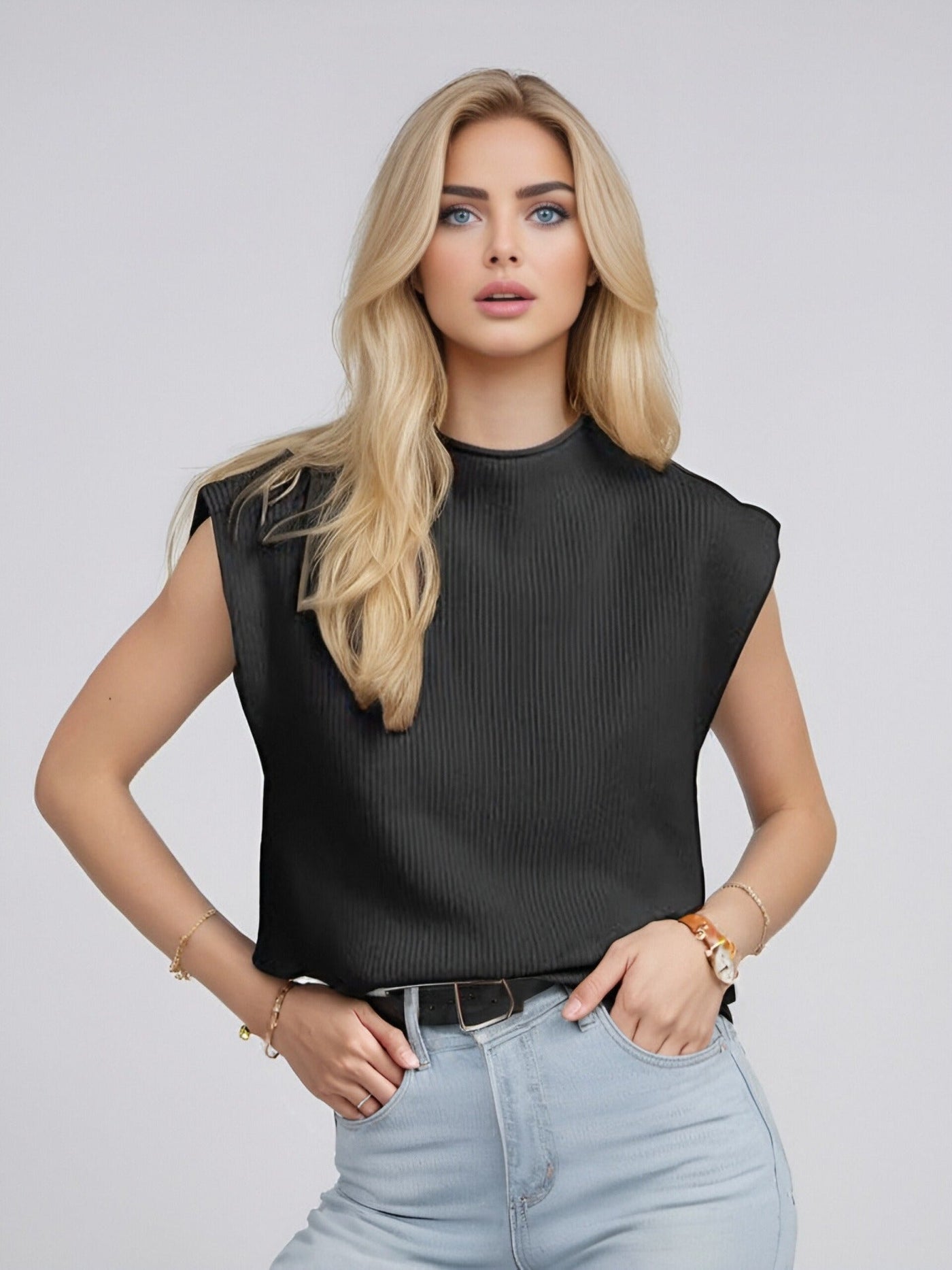 Women’s Sleeveless Turtleneck Sweater – Wool Blend – Relaxed Fit – Ribbed Knit