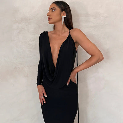 Women’s Evening Dress – One-Shoulder Satin – Draped Neckline – Long Sleeve – Fitted Fit