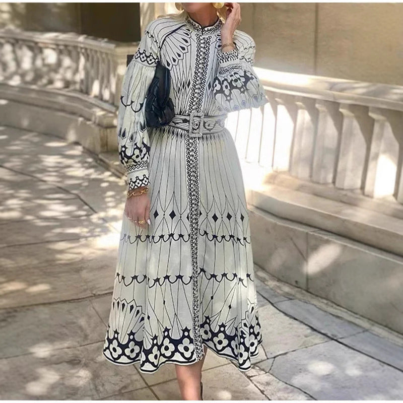 Women’s Midi Dress – Elegant Fit – Long Sleeve – Belted Waist – Button Front – Ornate Pattern