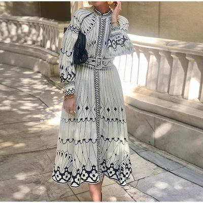 Women’s Midi Dress – Elegant Fit – Long Sleeve – Belted Waist – Button Front – Ornate Pattern