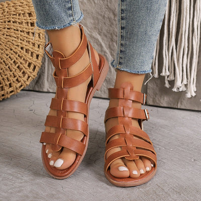 Women’s Flat Sandals – Faux Leather – Roman Style – Open Toe – Buckled Strap