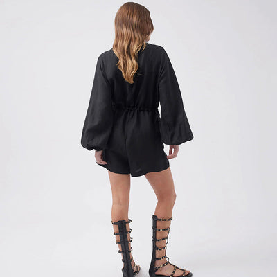 Women’s Utility Romper – Cotton Linen – Relaxed Fit – Button Front – Drawstring Waist