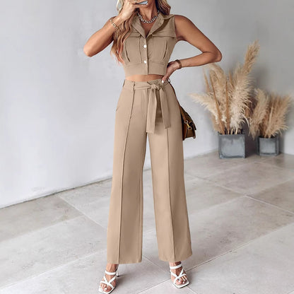 Women’s Pant Set – Sleeveless Crop Top – Wide Leg High Waist Trousers – Belted Waist
