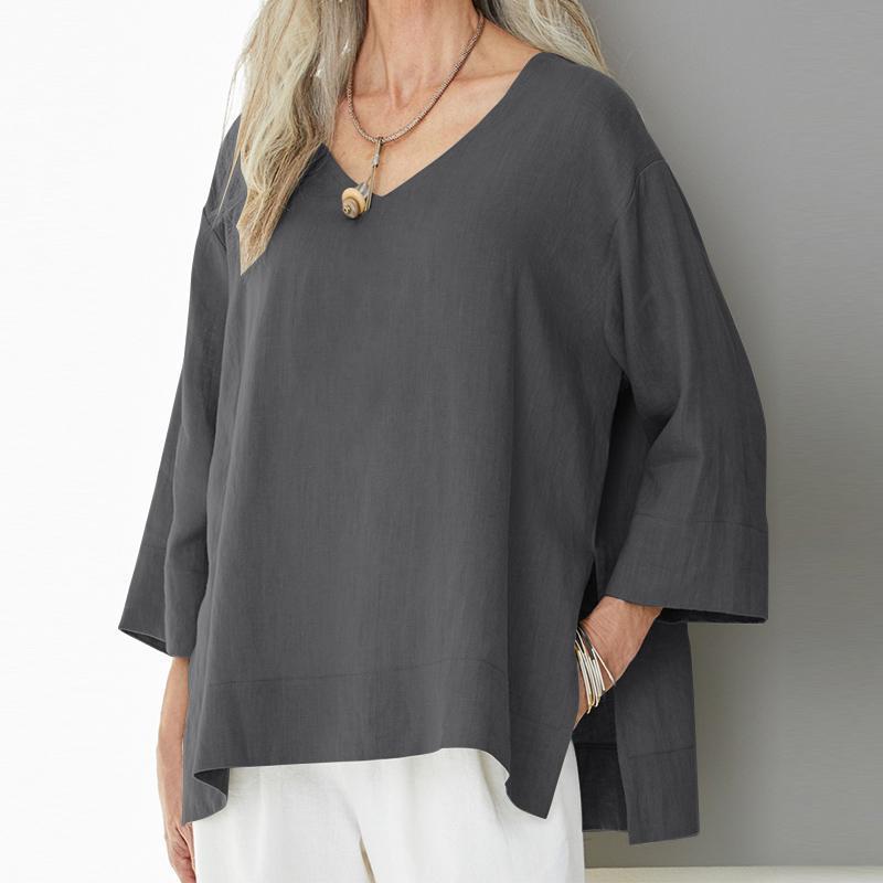 Women’s V-Neck Top – Cotton Linen Blend – Loose Fit – 3/4 Sleeve – Side Slits