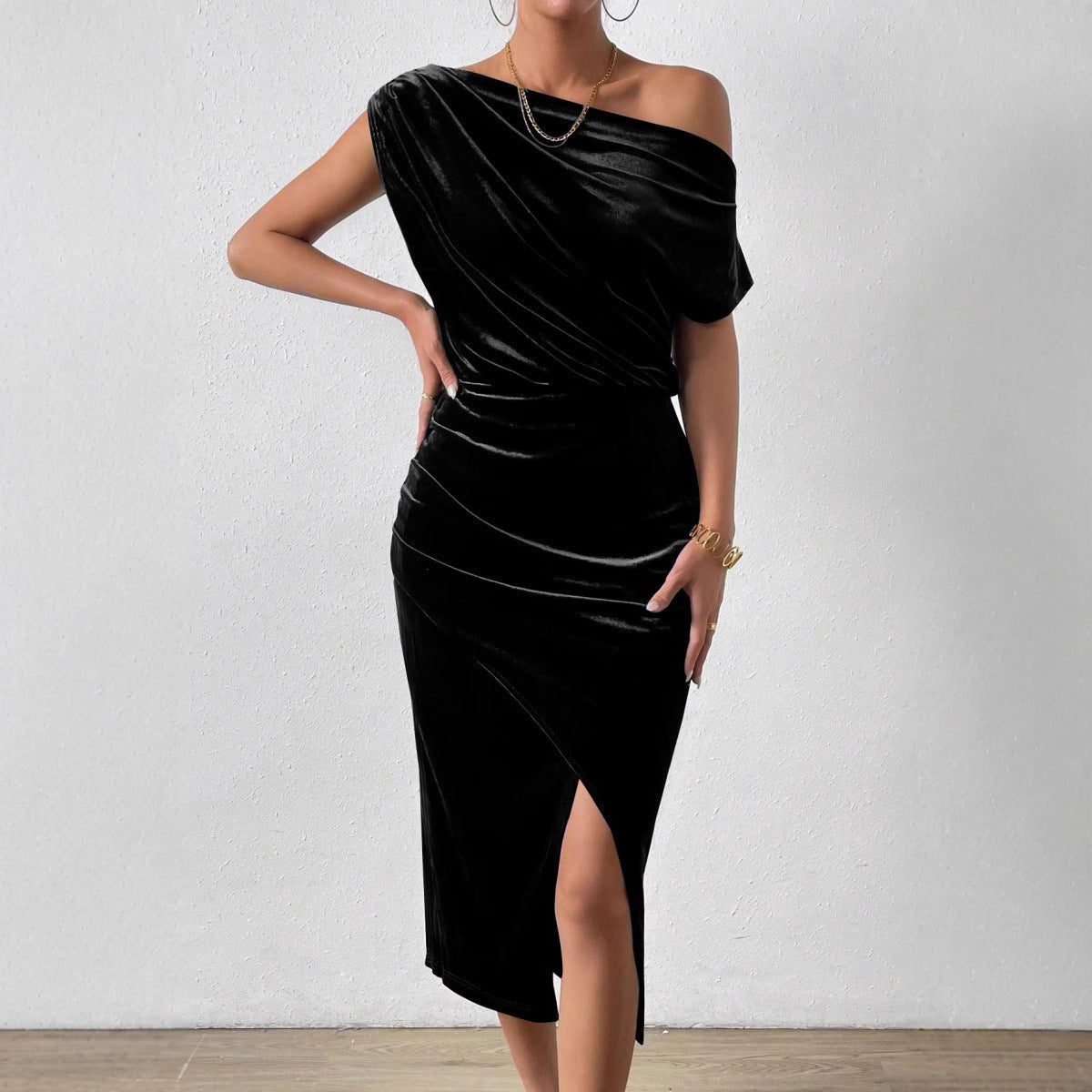 Women’s One-Shoulder Midi Dress – Velvet Ruched Fit – Front Slit Evening Wear