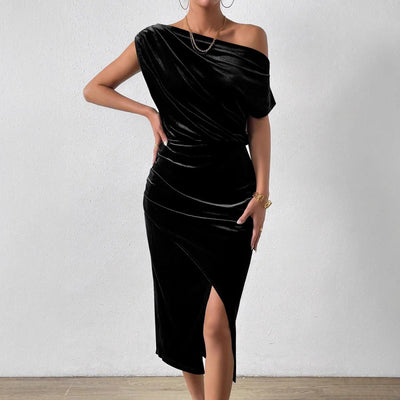 Women’s One-Shoulder Midi Dress – Velvet Ruched Fit – Front Slit Evening Wear