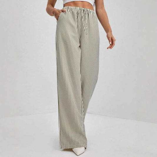 Women’s Straight-Leg Trousers – Drawstring Waist – Striped – Lightweight Breathable Fit