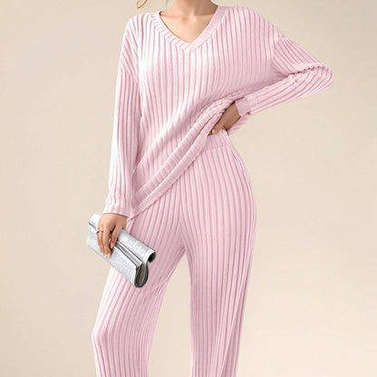 Women’s Knit Set – Soft Blend – V-Neck Top – Relaxed Fit – Straight-Leg