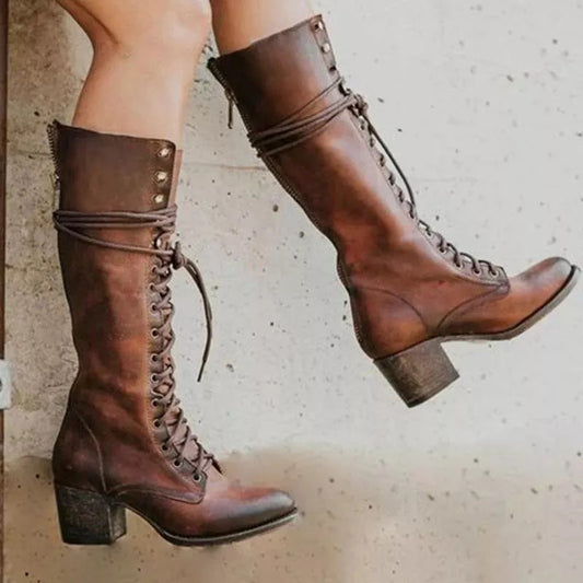 Women’s Knee-High Boots – Leather – Lace-Up Front – Chunky Heel – Side Zip Fit