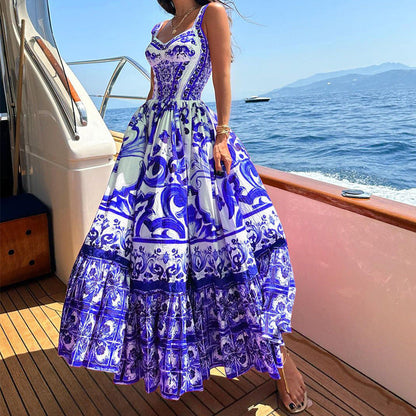 Women’s Maxi Dress – Fitted Bodice – Tiered Skirt – Breathable Blend – Printed Design