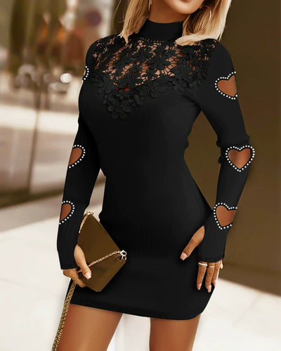 Women’s Sweater Dress – Slim Fit Ribbed Knit – High Neck – Lace Chest – Heart Cut-Out Sleeves