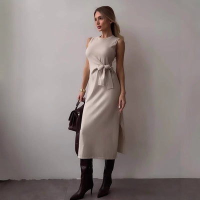 Women’s Midi Dress – Slim Fit – Sleeveless – Bow Waist – Side Slit – Stretch Fabric