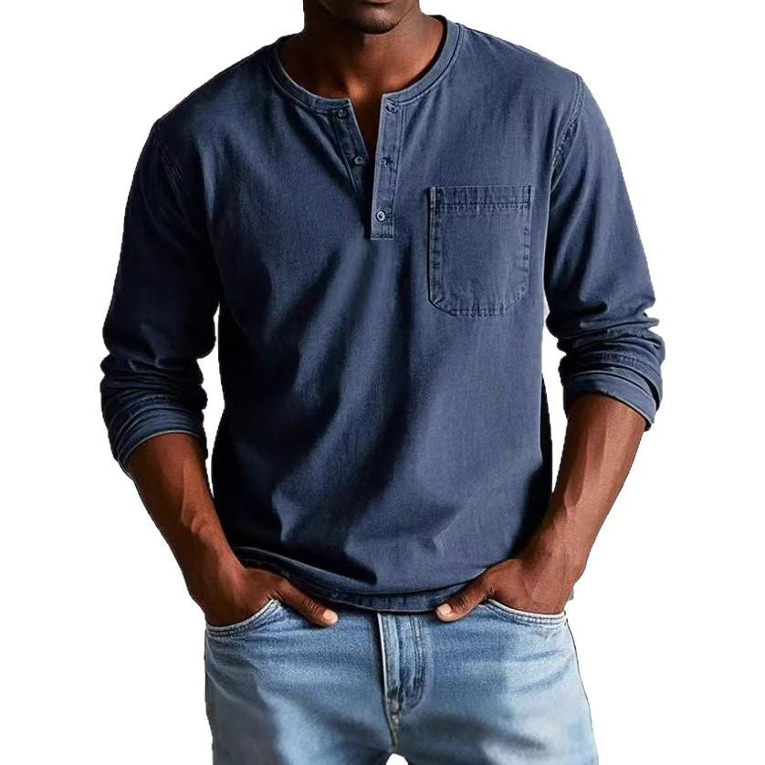 Men’s Long Sleeve T-Shirt – Slim Fit – Breathable Blend – Button Neck with Pocket