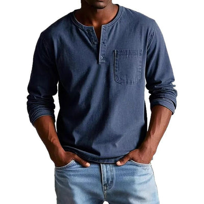 Men’s Long Sleeve T-Shirt – Slim Fit – Breathable Blend – Button Neck with Pocket