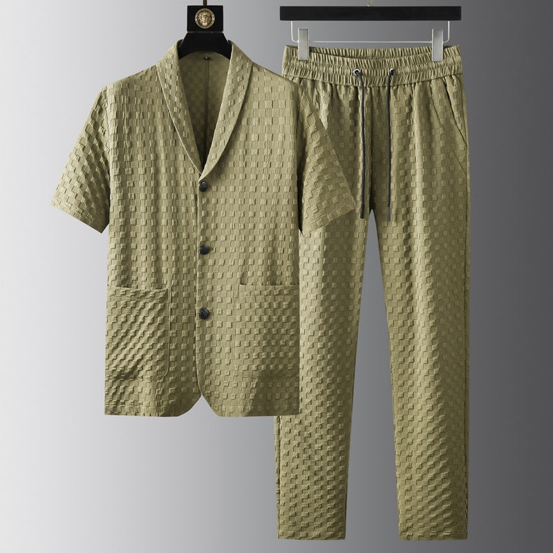 Men’s Blazer and Trousers Set – Relaxed Fit – Breathable Blend – Short Sleeve Design