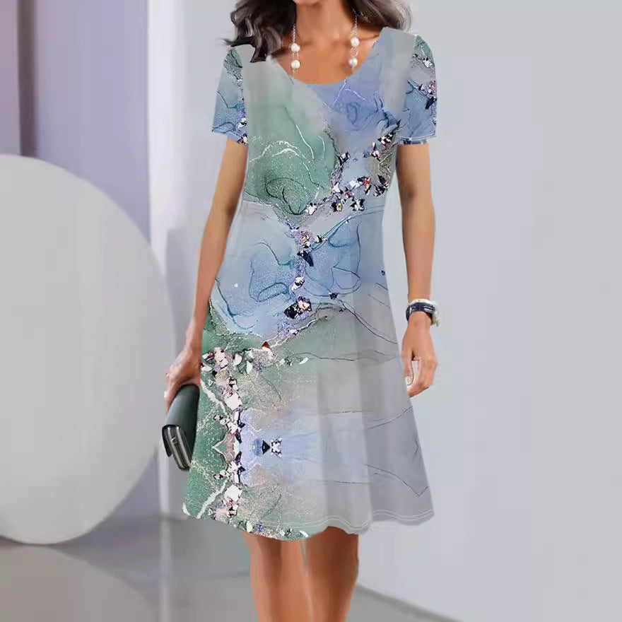 Women’s A-Line Dress – Floral Print – Scoop Neck – Short Sleeve – Cotton – Knee Length