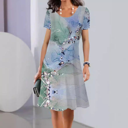 Women’s A-Line Dress – Floral Print – Scoop Neck – Short Sleeve – Cotton – Knee Length