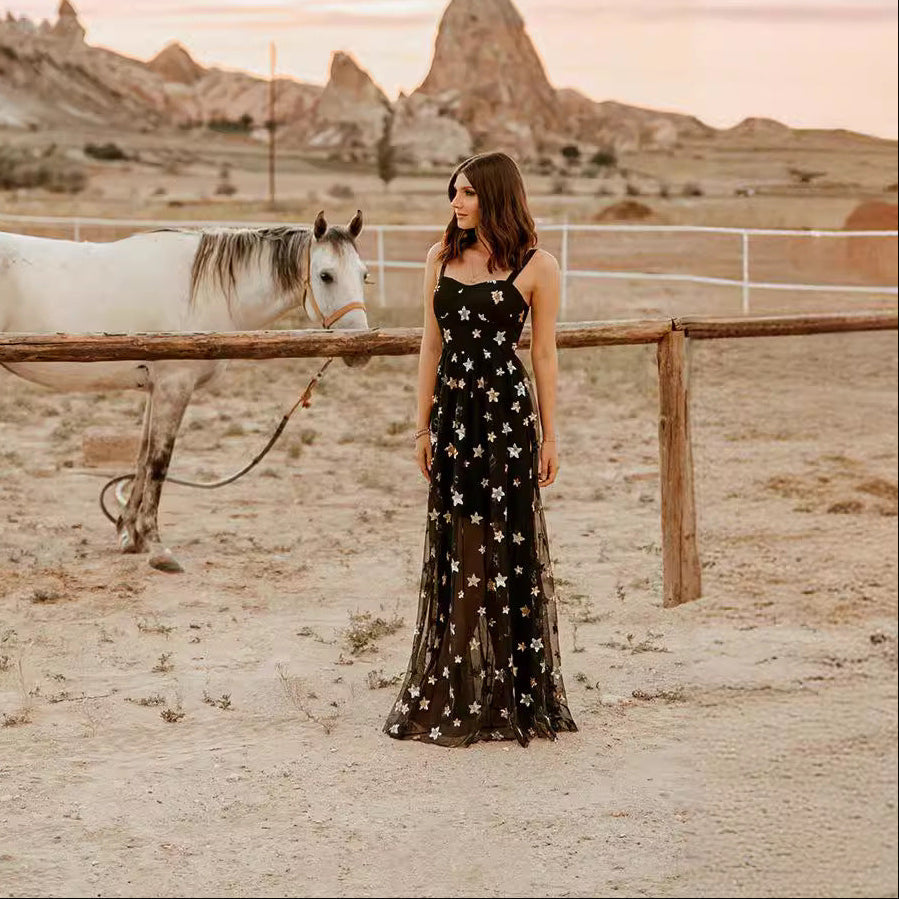 Women’s Evening Dress – Slim Fit – Sheer Overlay – Star Appliqué – Floor Length