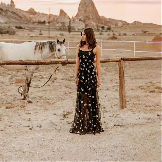 Women’s Evening Dress – Slim Fit – Sheer Overlay – Star Appliqué – Floor Length