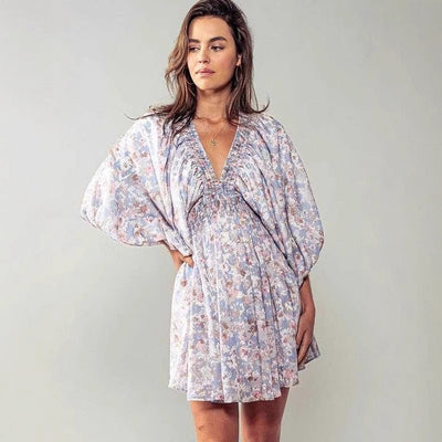 Women’s Mini Dress – A-Line Fit – V-Neck – Ruching Waist – Bell Sleeve – Floral Print
