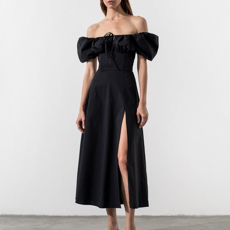 Women’s Midi Dress – Off-Shoulder – Puff Sleeve – Tie Neck – High Slit A-Line Fit