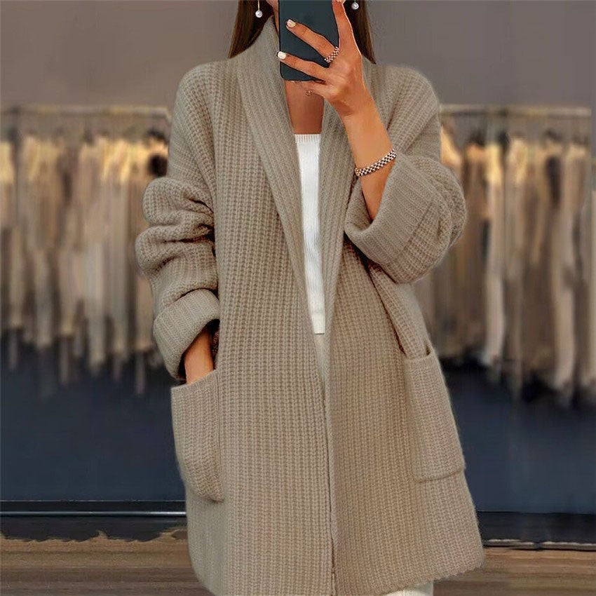 Women’s Cardigan – Oversized Fit – Thick Wool Blend – V-Neck – Ribbed – Long Sleeve – Pockets