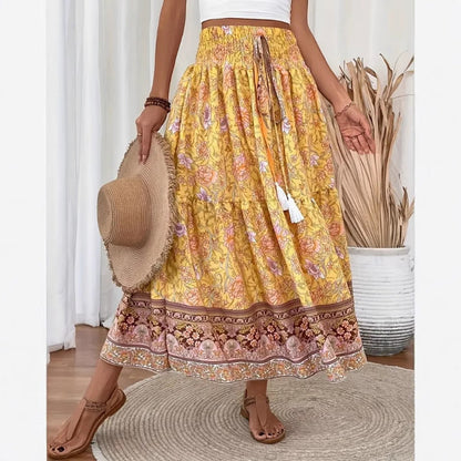 Women’s Long Skirt – Tiered Cotton Blend – Bohemian Floral – Elastic Waist – Tassel Trim