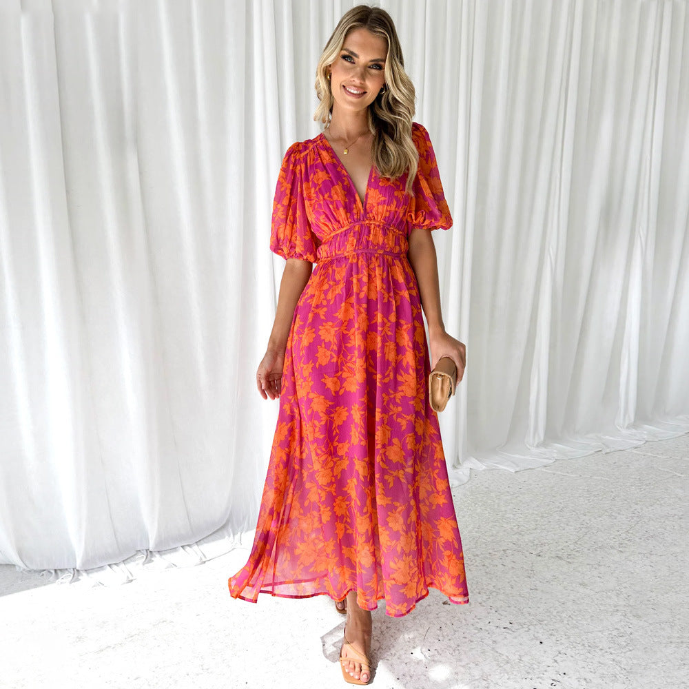 Women’s Maxi Dress – Flowing A-Line Fit – Puff Sleeves – Breathable Blend – V-Neck