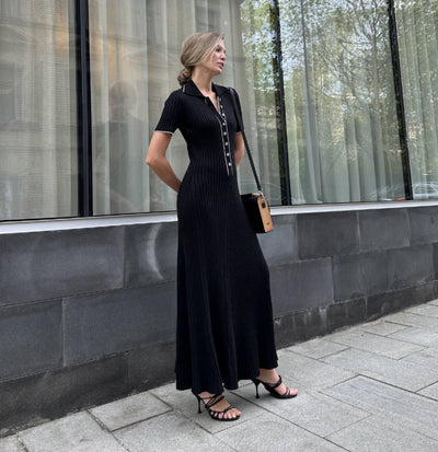 Women's Knitted Midi Dress - Ribbed Texture - A-Line Fit - V-Neck Button-Down