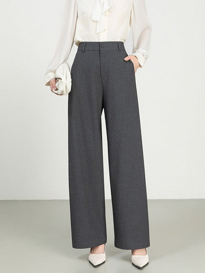 Women’s Wide-Leg Trousers – High Waist – Pleated Front – Full Length – Denim Texture