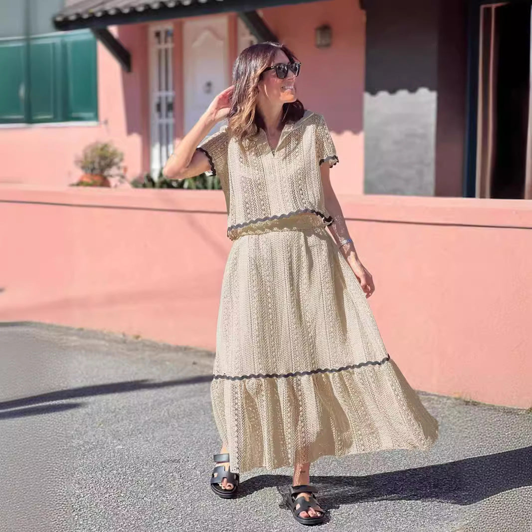 Women’s Skirt Set – Cotton Blend – Lace Trim – Relaxed Fit – Short Sleeve Top – Full-Length A-Line Skirt