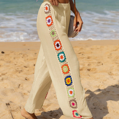Women’s Flared Trousers – Relaxed Fit – Side Crochet Detail – Cotton