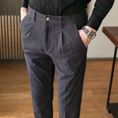 Men’s Corduroy Trousers – Slim Fit – Pleated Front – Full Length – Smart Casual