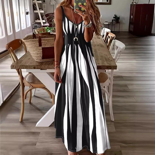 Women’s Maxi Dress – V-Neck – Vertical Stripes – Adjustable Straps – Flowy A-Line Fit – Cotton Blend