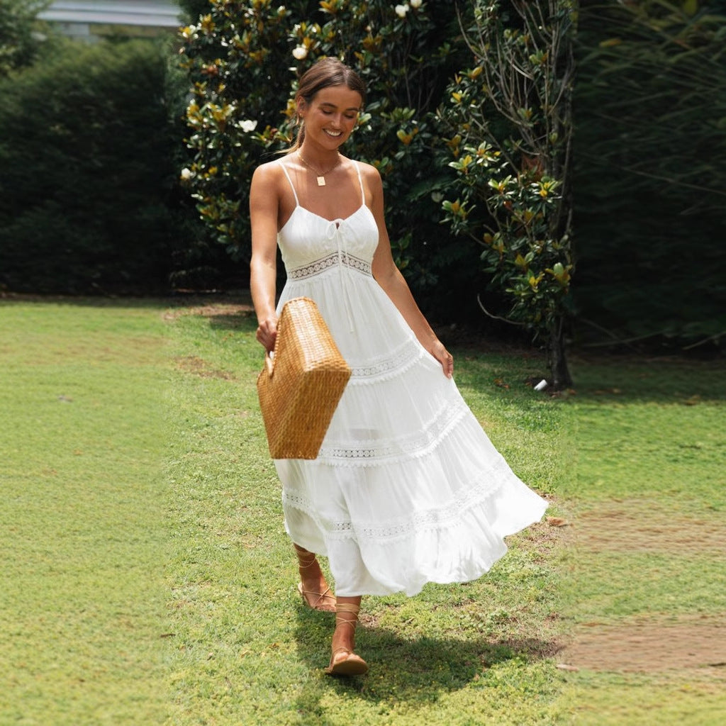 Women’s Sundress – Flowy Fit – Cotton Blend – Lace Trim – Tiered Midi Skirt – Spaghetti Straps