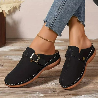 Women’s Wedge Mule Sandals – Closed Toe – Faux Leather – Buckle Detail – Cushioned Sole