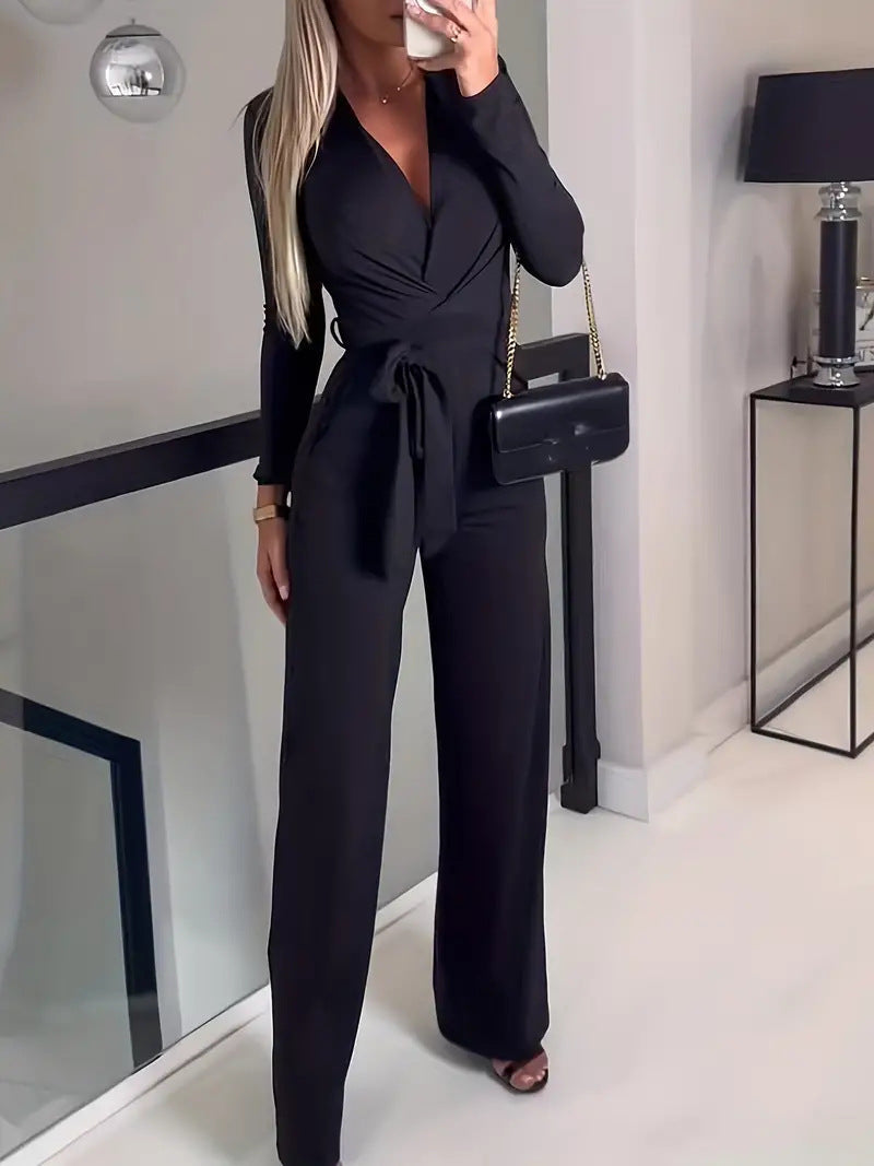 Women’s Jumpsuit – V-Neck Wrap Style – Long Sleeve – Wide Leg – Tailored Fit – Soft Fabric