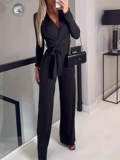 Women’s Jumpsuit – V-Neck Wrap Style – Long Sleeve – Wide Leg – Tailored Fit – Soft Fabric