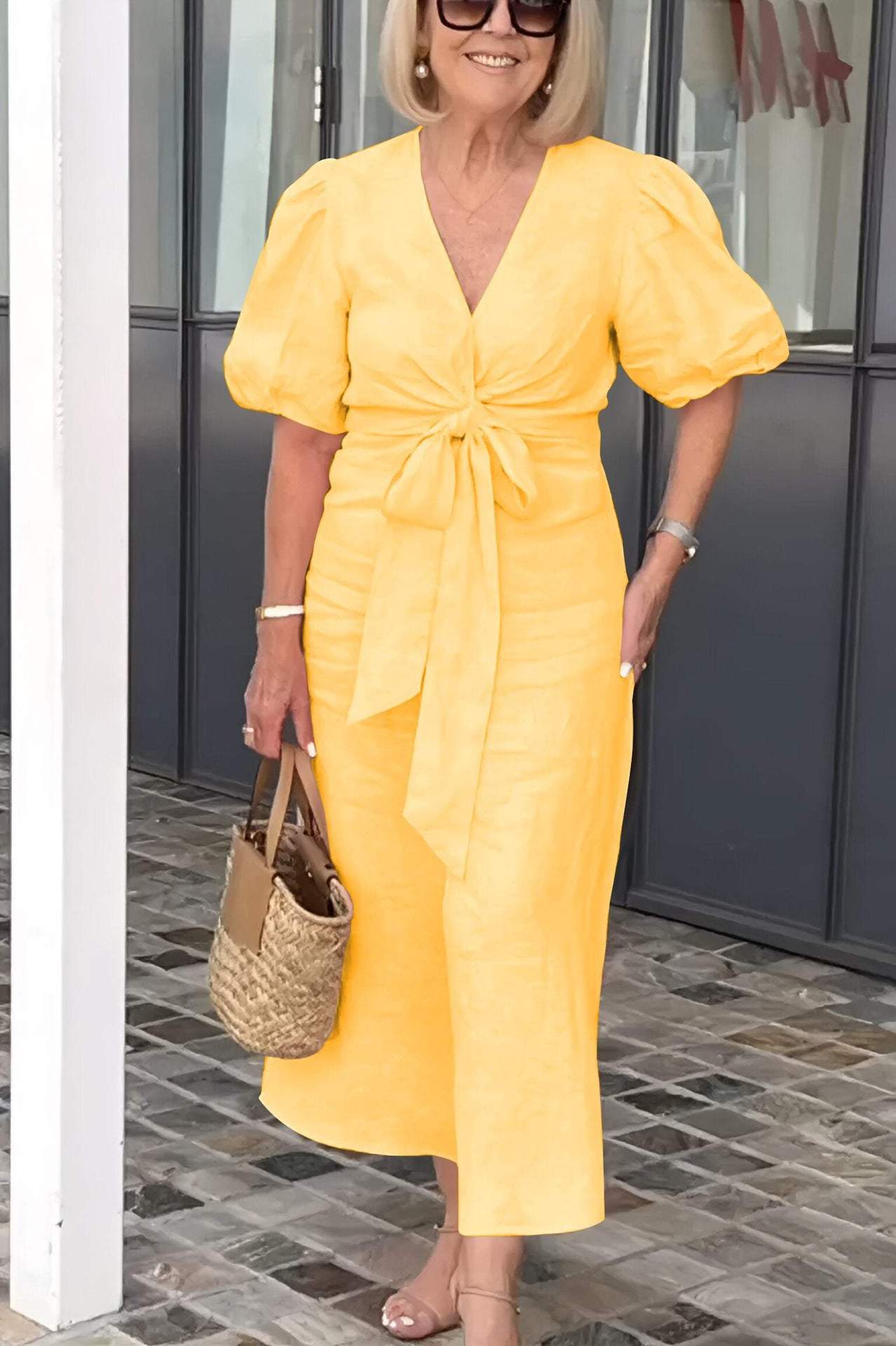 Women’s Midi Dress – Natural Fibers – V-Neck – Tie Waist – Puff Sleeve – Relaxed Fit