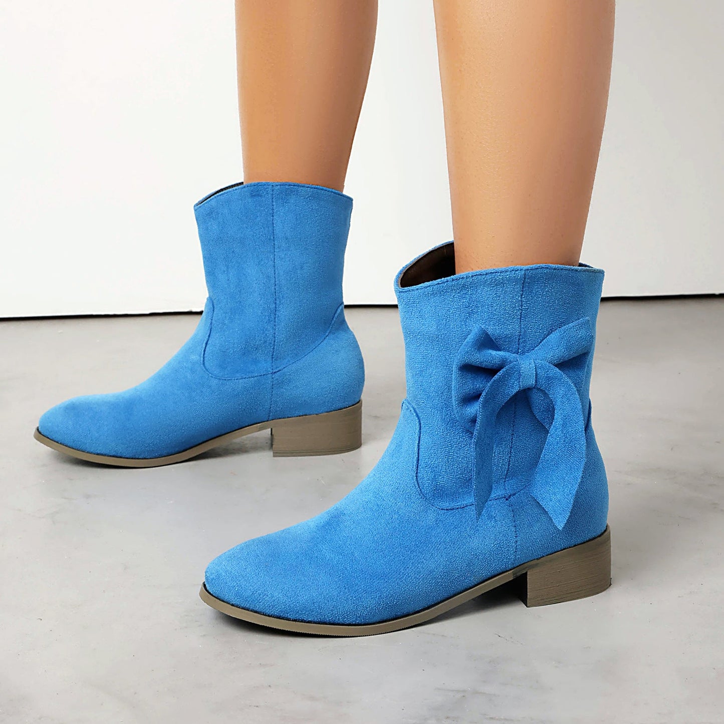 Women’s Short Boots – Suede Finish – Low Heel – Decorative Bow – Comfort Fit